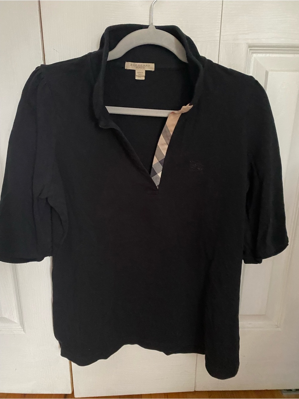 Burberry Black Short-Sleeve Polo with Signature Check Trim 3/4 sleeve